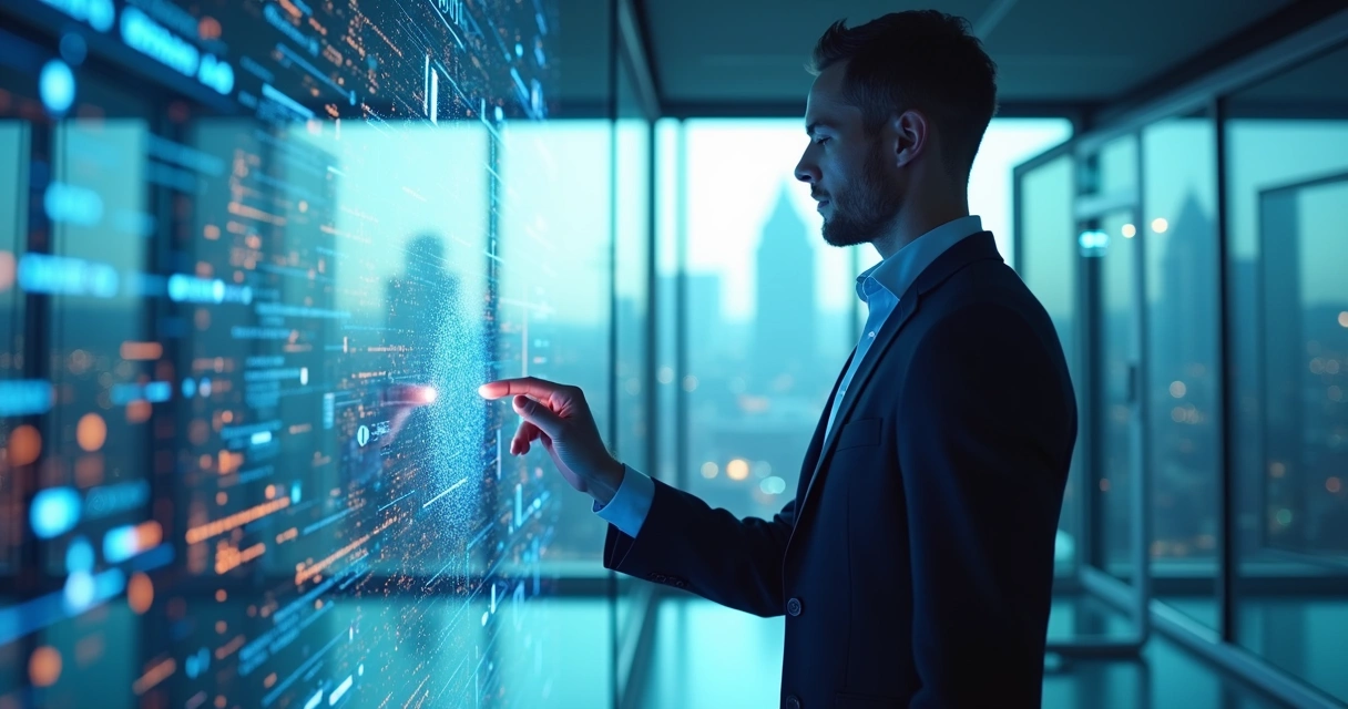 Profissional de RH interagindo com holograma de inteligência artificial em ambiente corporativo moderno 