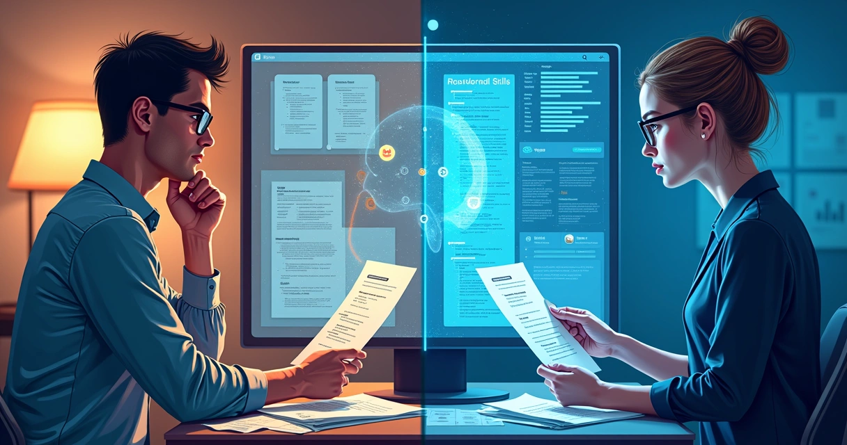 Dois polos mostram um recrutador e uma inteligência artificial analisando currículos em uma tela de computador. 