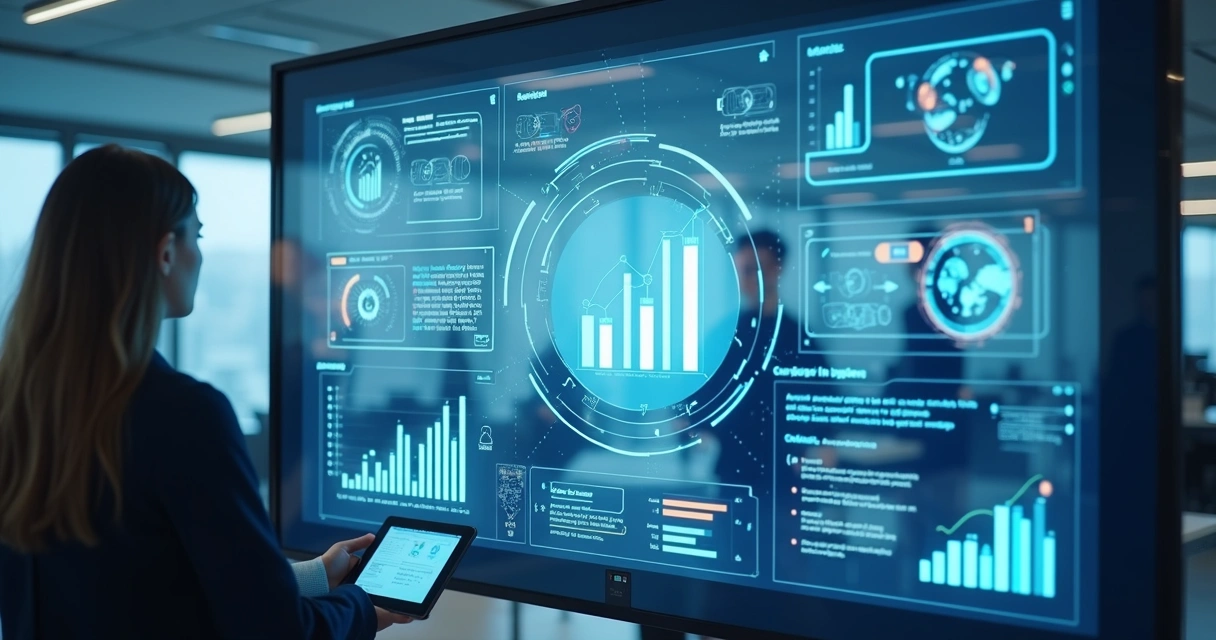 Interface digital com gráficos, dados e representações de IA aplicada a atendimento ao cliente 