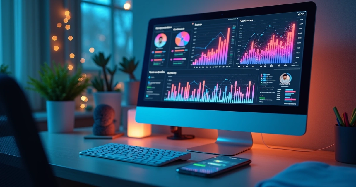 Tela de computador com gráficos de IA e análise de feedback 