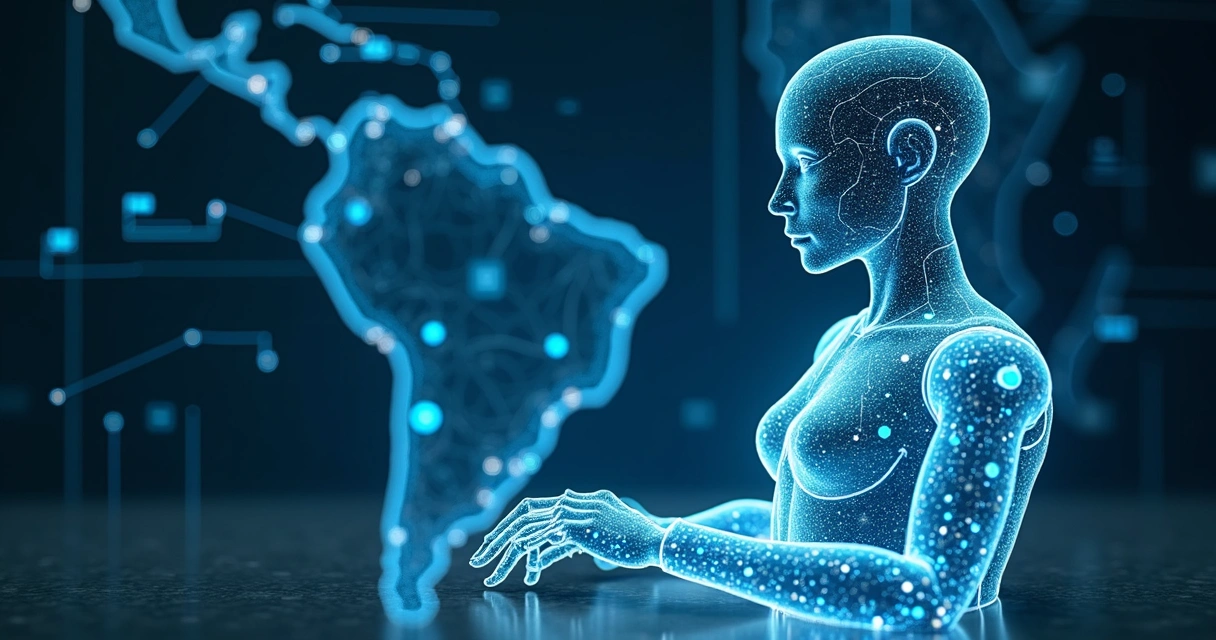 Robô transparente visualizando diversos fluxos de dados digitais 