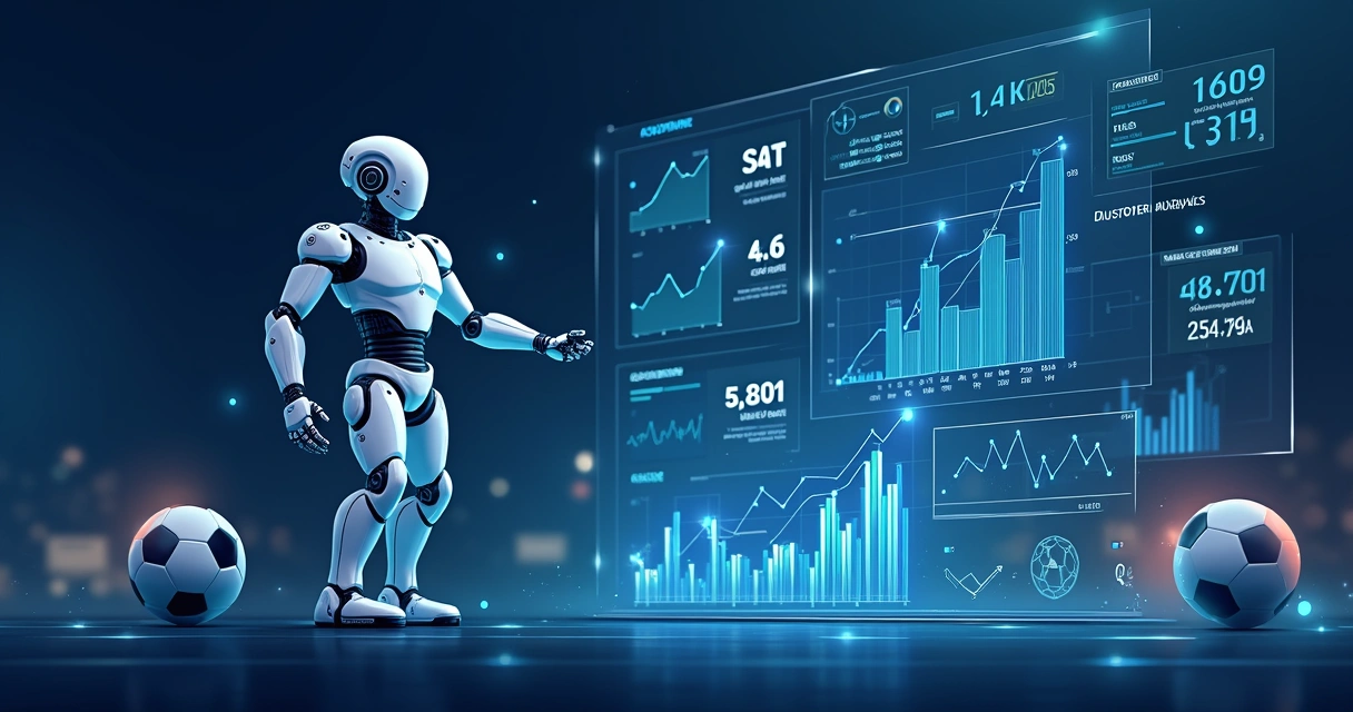 IA processando dados de partidas de futebol com gráficos e algoritmos visíveis 