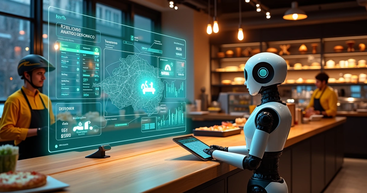 Robô analisando pedidos de delivery em painel digital em restaurante moderno 