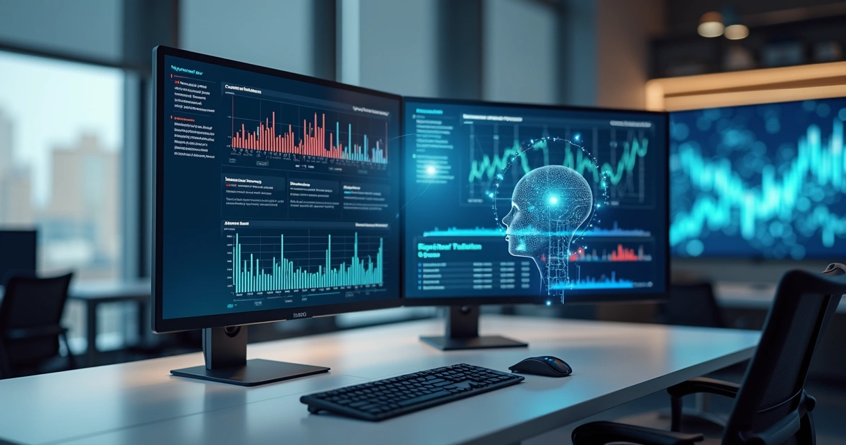 Tela de computador exibindo gráficos e dados de detecção de fraudes com assistente de IA ao lado 