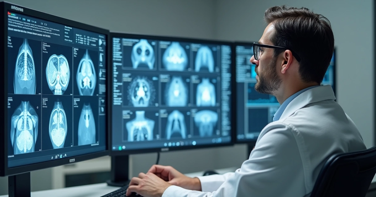 Médico sentado analisando exames com tela de computador mostrando imagens médicas e elementos digitais de IA 