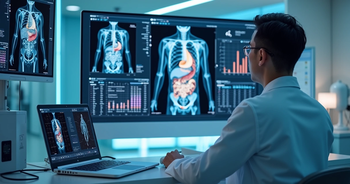 Computador com tela mostrando gráficos e imagens médicas junto a médico revisando resultados 