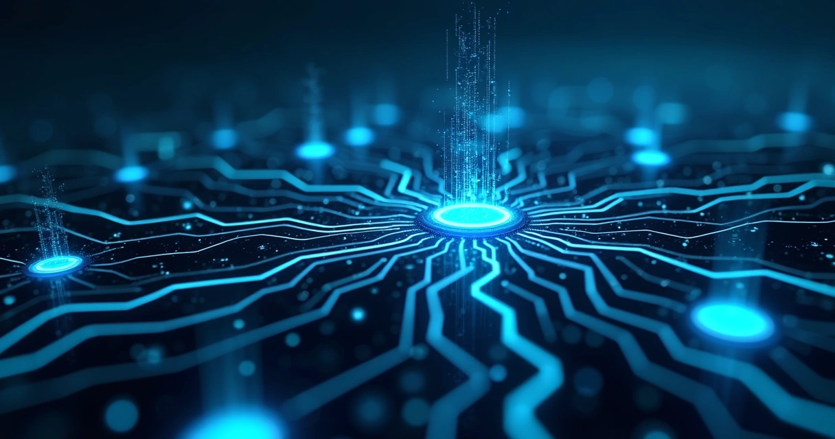 Representação digital ultra detalhada de circuitos e conexões simulando inteligência artificial em fundo escuro azul e preto 