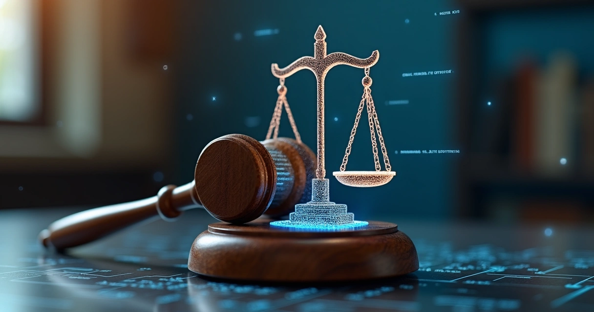 Símbolo de IA em balança de justiça. 