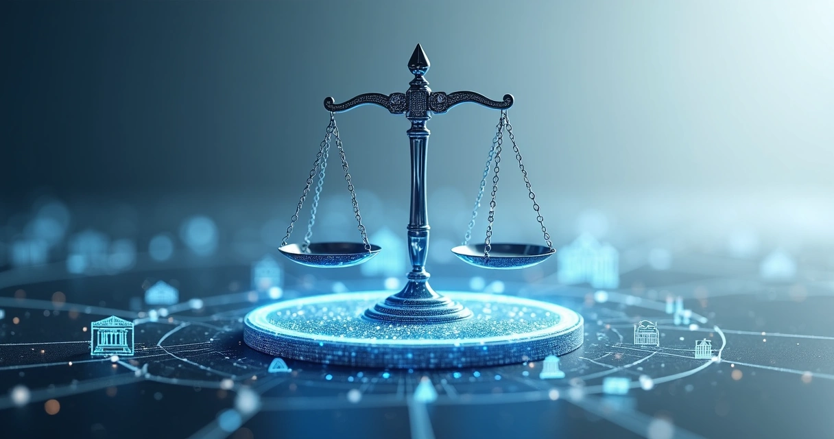 Ilustração de IA jurídica com balança da justiça 