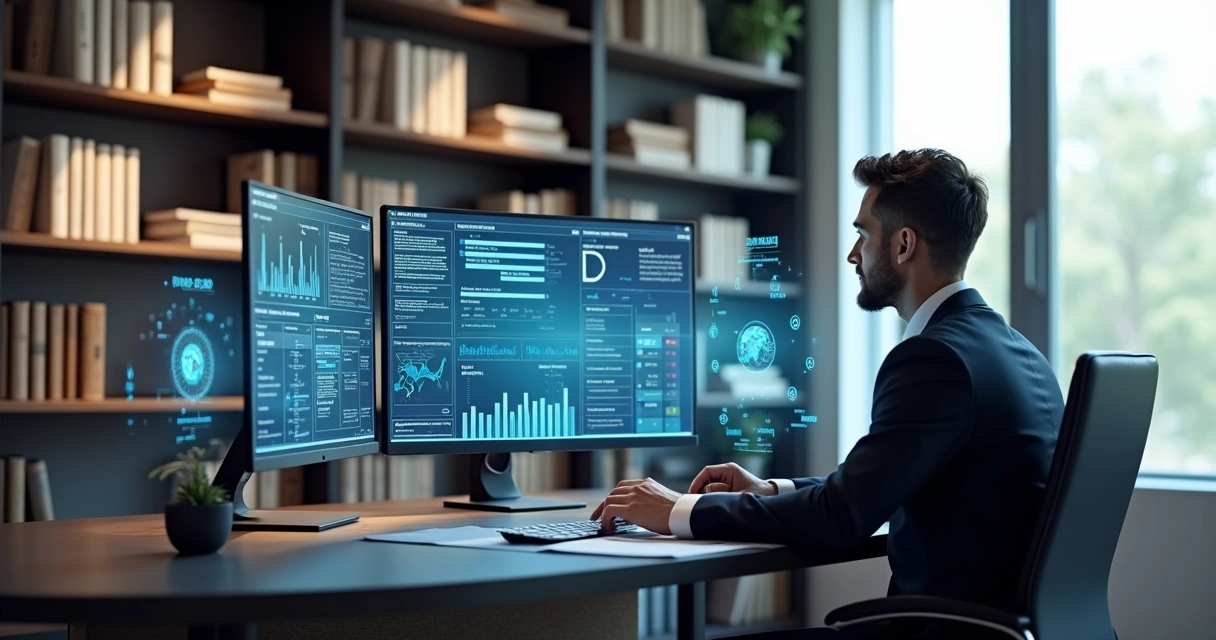 Advogado utilizando inteligência artificial para analisar documentos jurídicos na tela do computador 