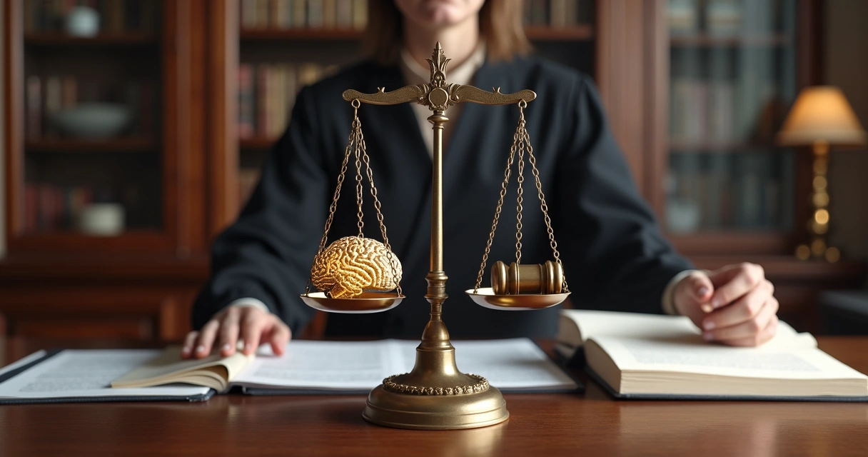 Justiça equilibrando IA e ética em cenário sofisticado 