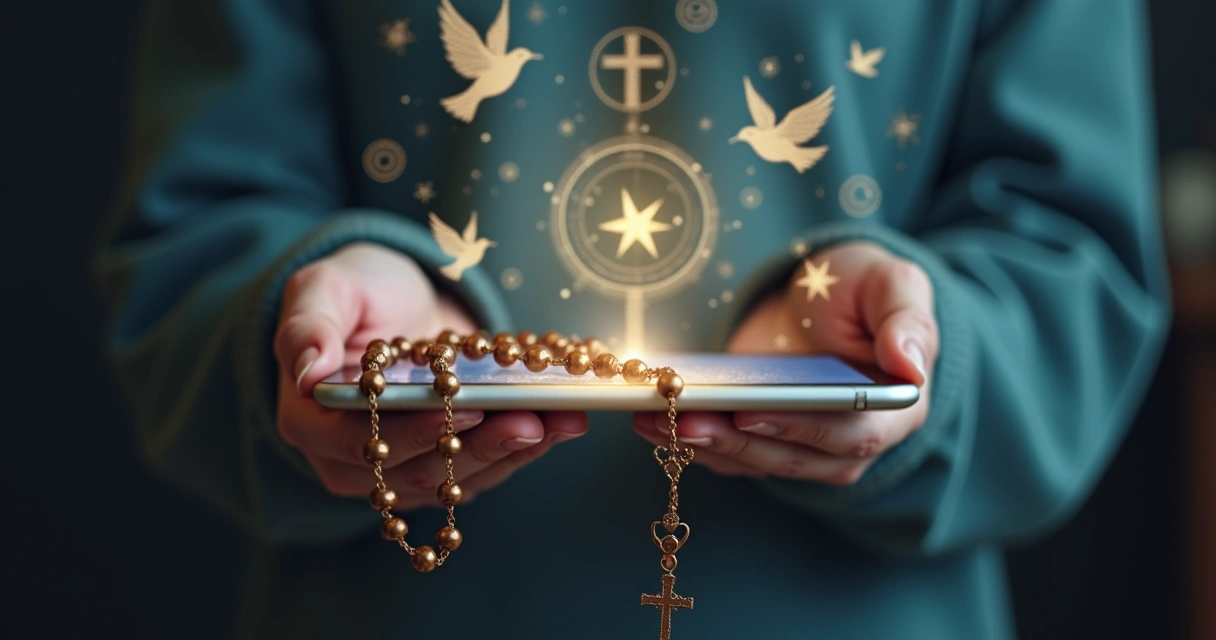 Mãos segurando um terço e um tablet com interface de inteligência artificial, fundo com luz suave e símbolos religiosos 