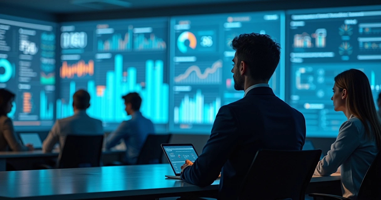 Profissional avaliando painel digital com IA em treinamento 