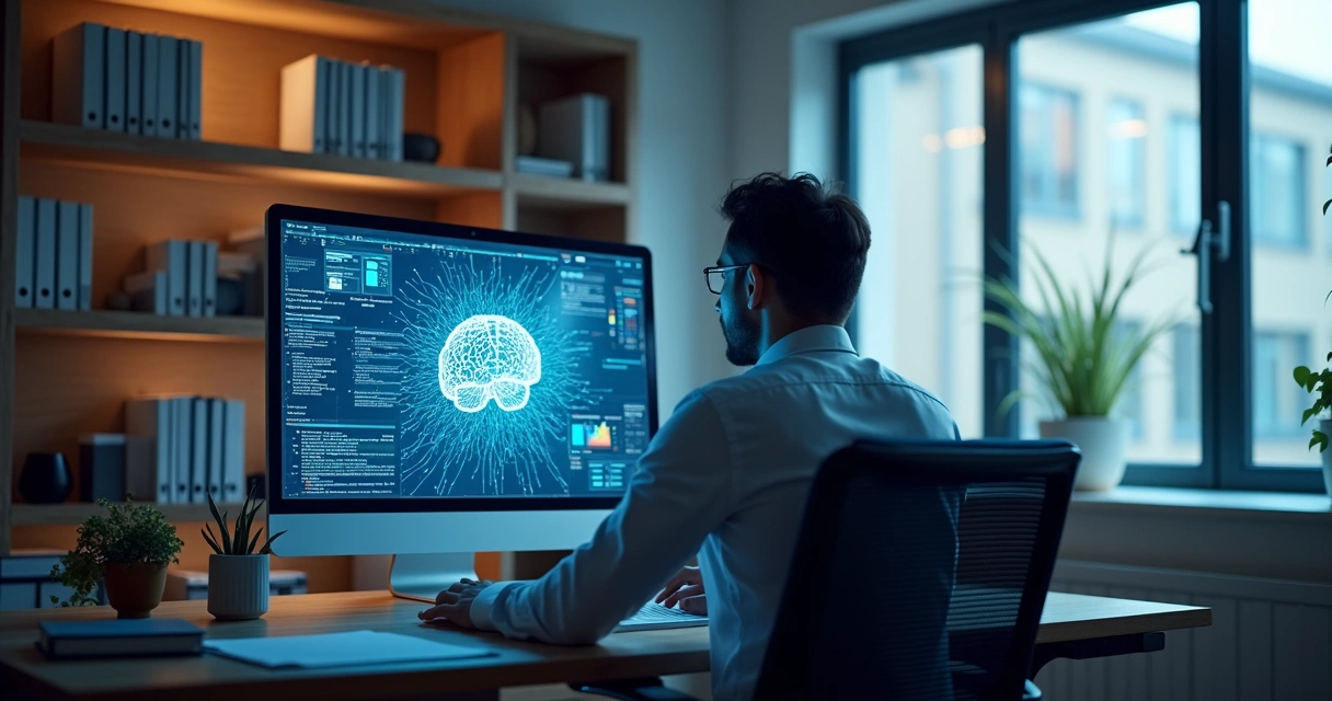 Homem estudando com IA em tela em escritório moderno 