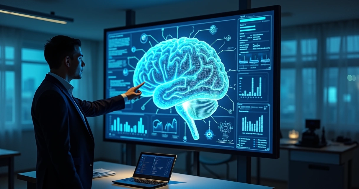 Representação de um cérebro digital em uma tela com algoritmos 