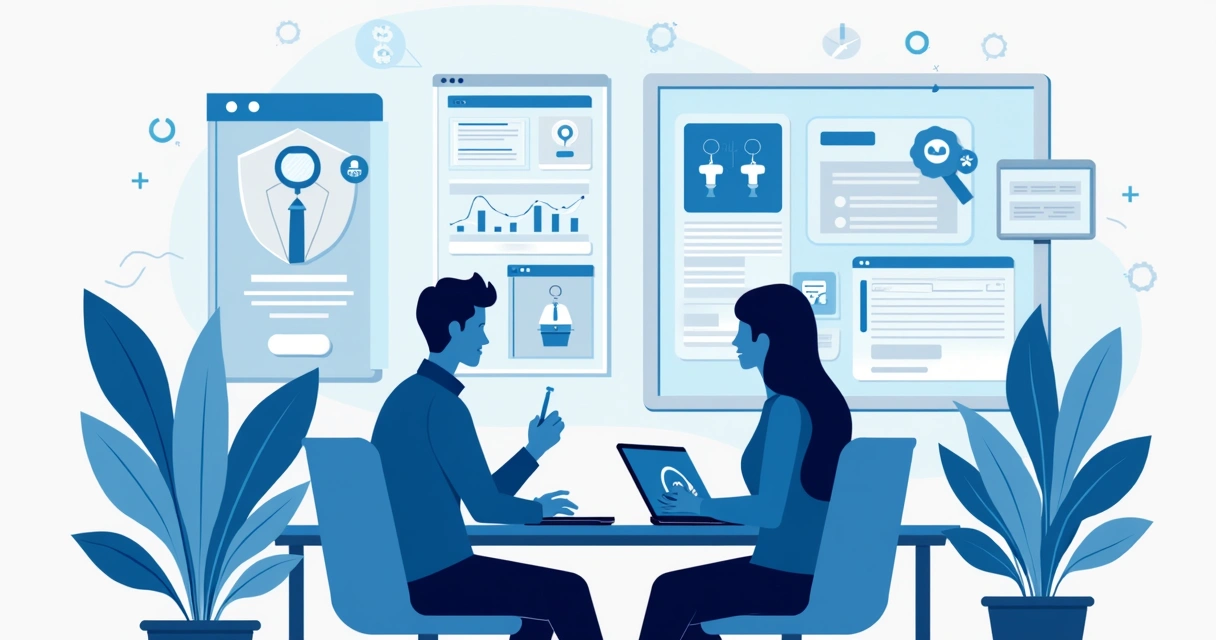 Ilustração de inteligência artificial otimizando uma loja virtual, com telas mostrando gráficos e recomendações 