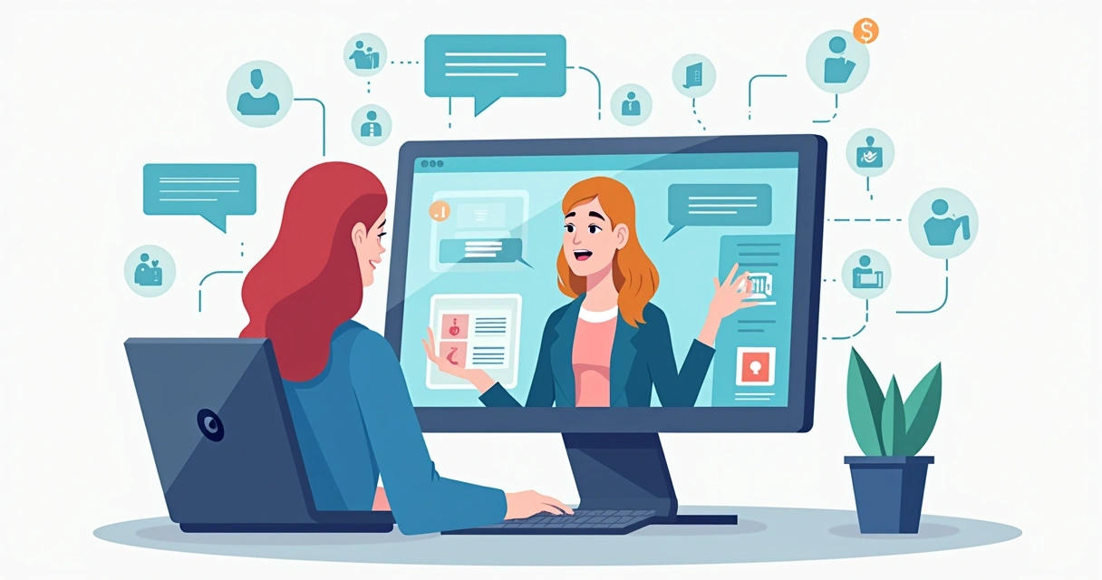 Ilustração de inteligência artificial sugerindo produtos e respondendo cliente online 
