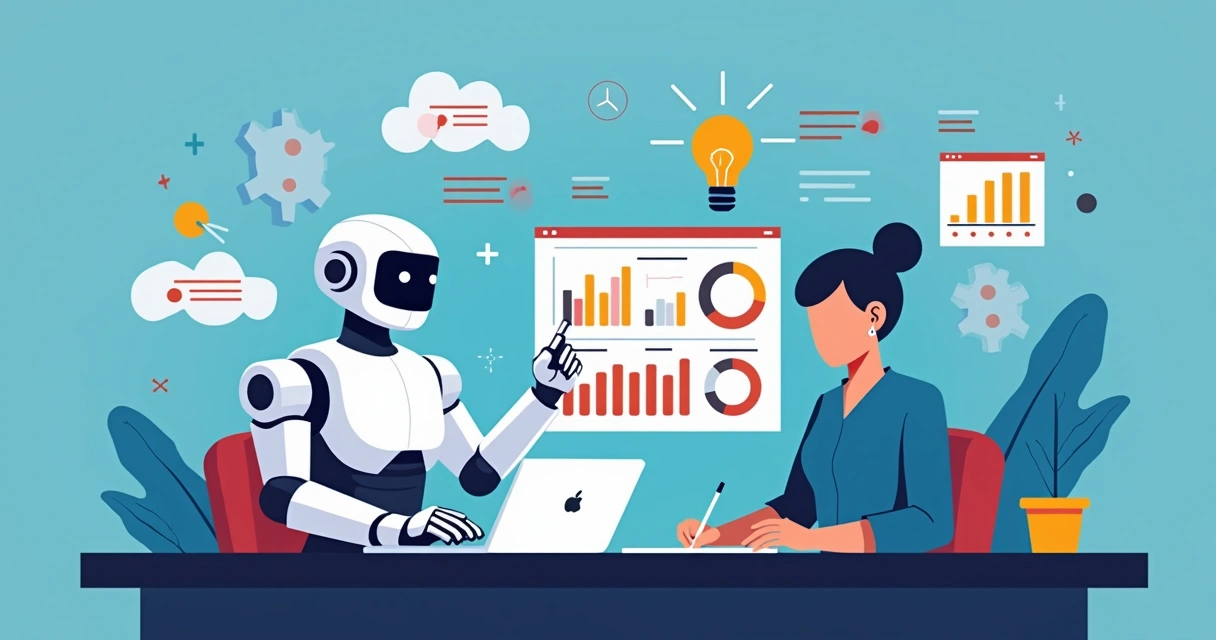 Robô auxiliando lojista virtual a analisar dados de vendas e buscas 