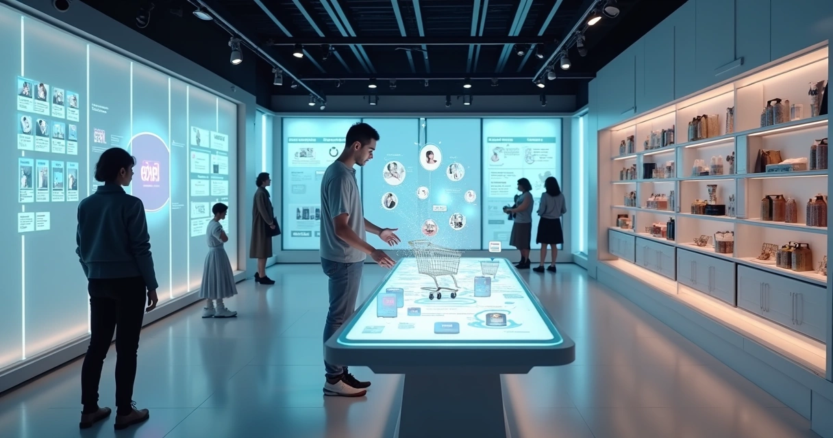 Interior de loja física futurista com hologramas de produtos de e-commerce e robô assistente 
