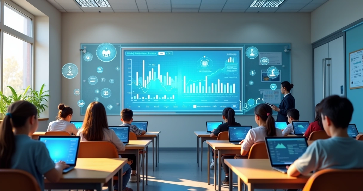Sala de aula moderna com alunos usando tablets e notebooks integrados a plataformas digitais com IA 