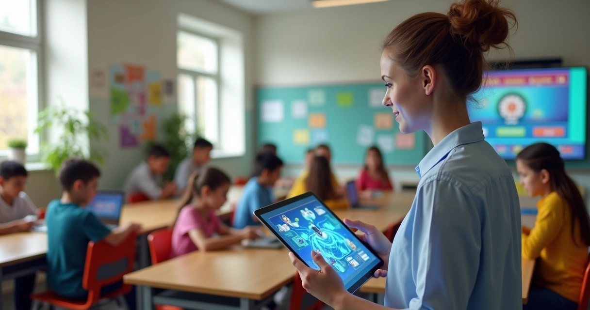 Professor usando tablet com interface de inteligência artificial adaptativa e alunos interagindo em sala de aula moderna 