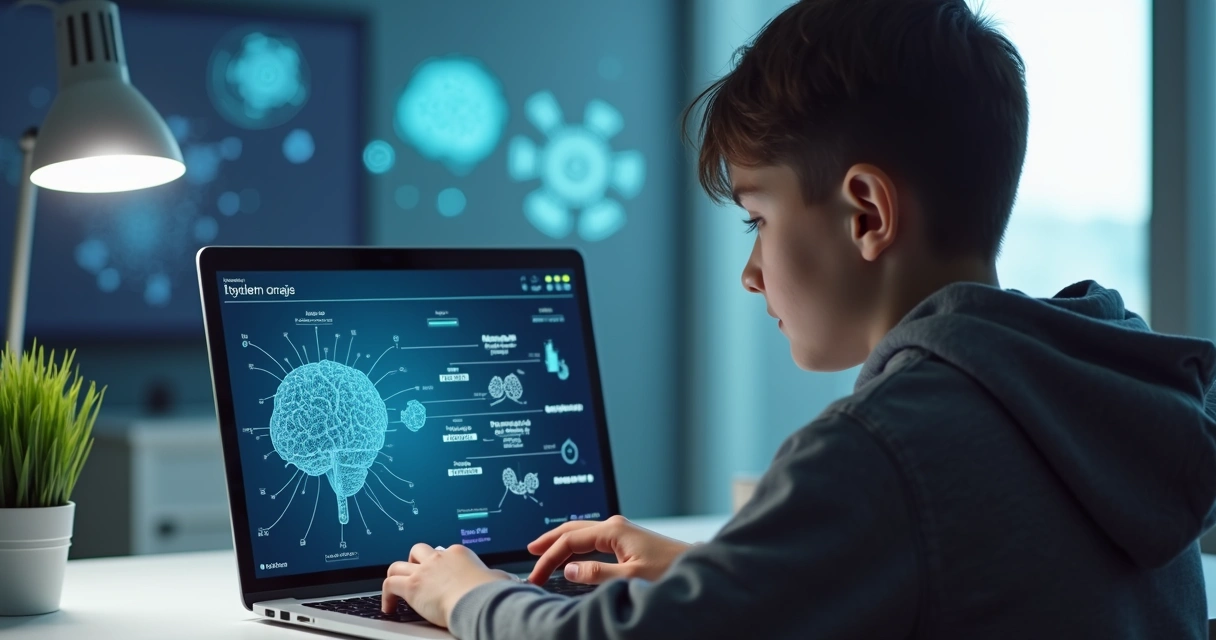 Representação visual de inteligência artificial auxiliando no estudo de estudantes. 