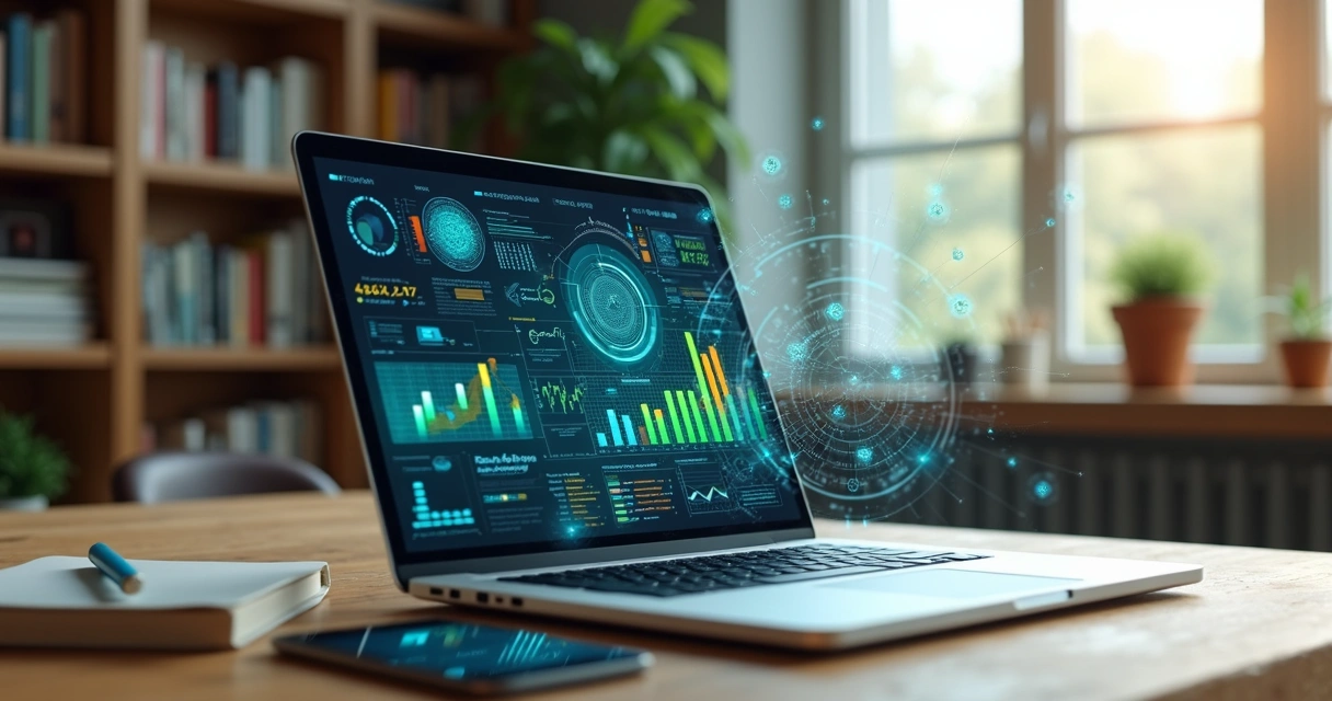Computador e tablet mostrando gráficos e conteúdos educacionais com elementos digitais de inteligência artificial ao redor 