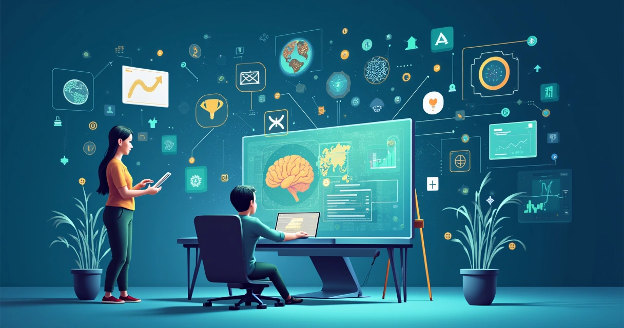 Computador com gráficos de IA, usuário interagindo com aplicativo de streaming e ícones financeiros.
