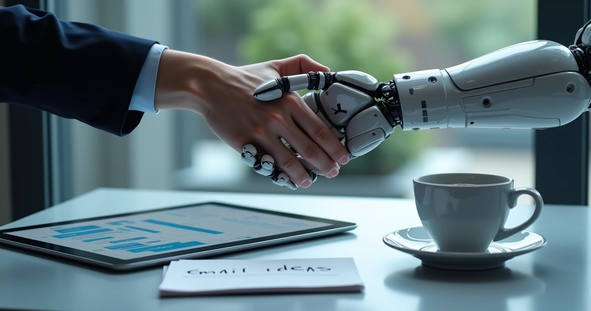 Mão humana apertando mão robótica sobre mesa de escritório 