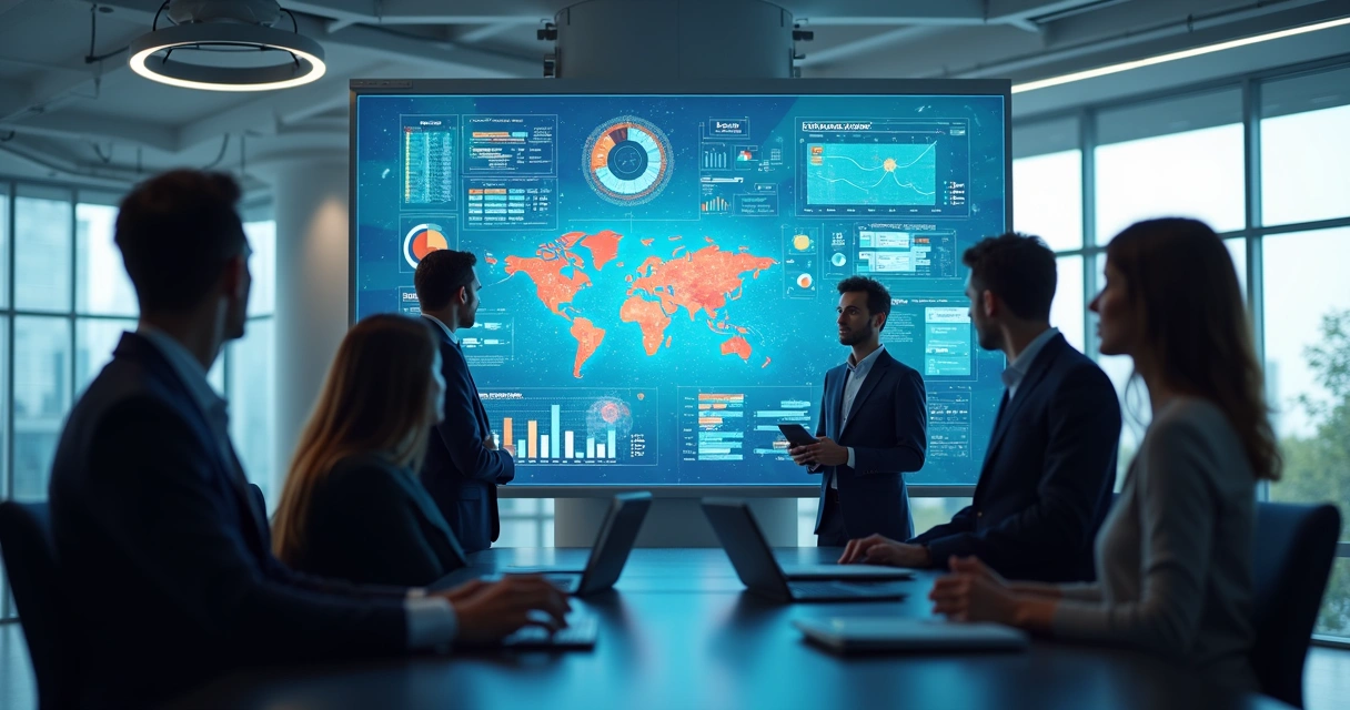 Equipe de empresa analisando gráficos em tela, IA proporcionando integração de sistemas 