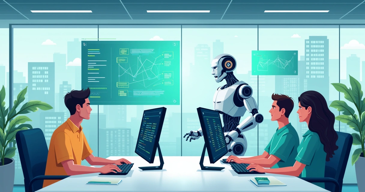 Robô interagindo com equipe de TI em escritório moderno 