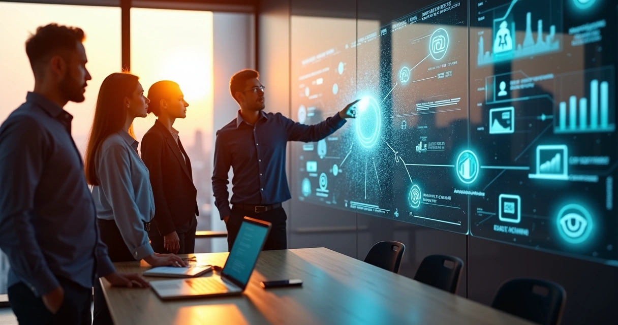 Executivos observando painel digital com dados e ícones de inteligência artificial em escritório moderno 