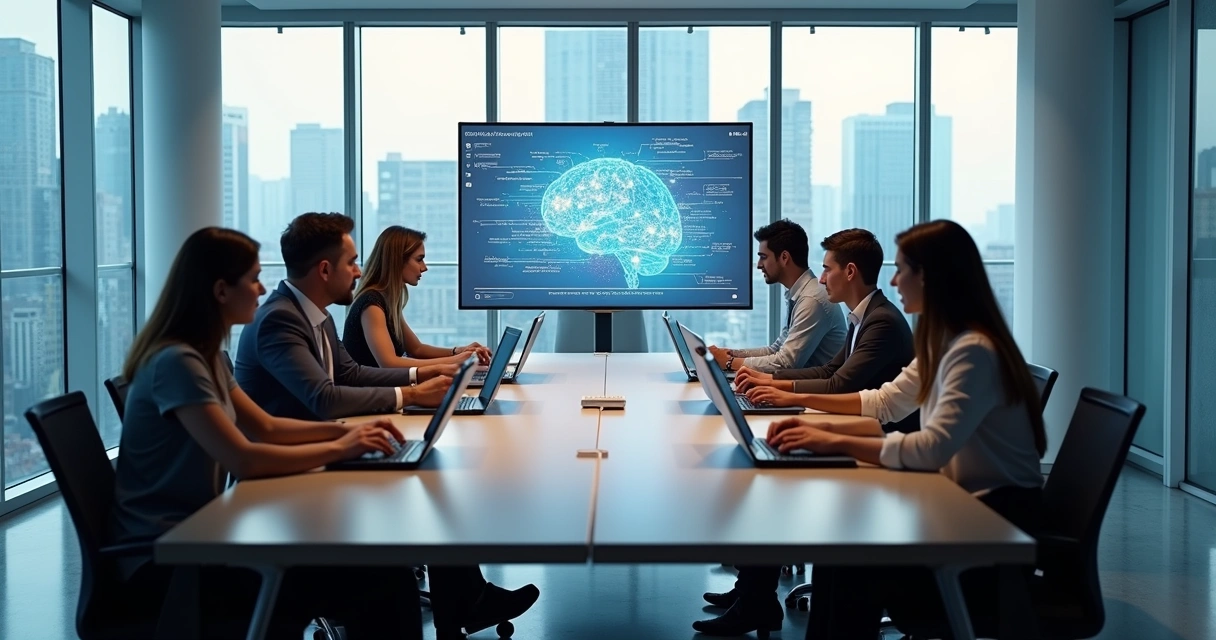 Equipe usando IA para gerar textos no ambiente de trabalho 