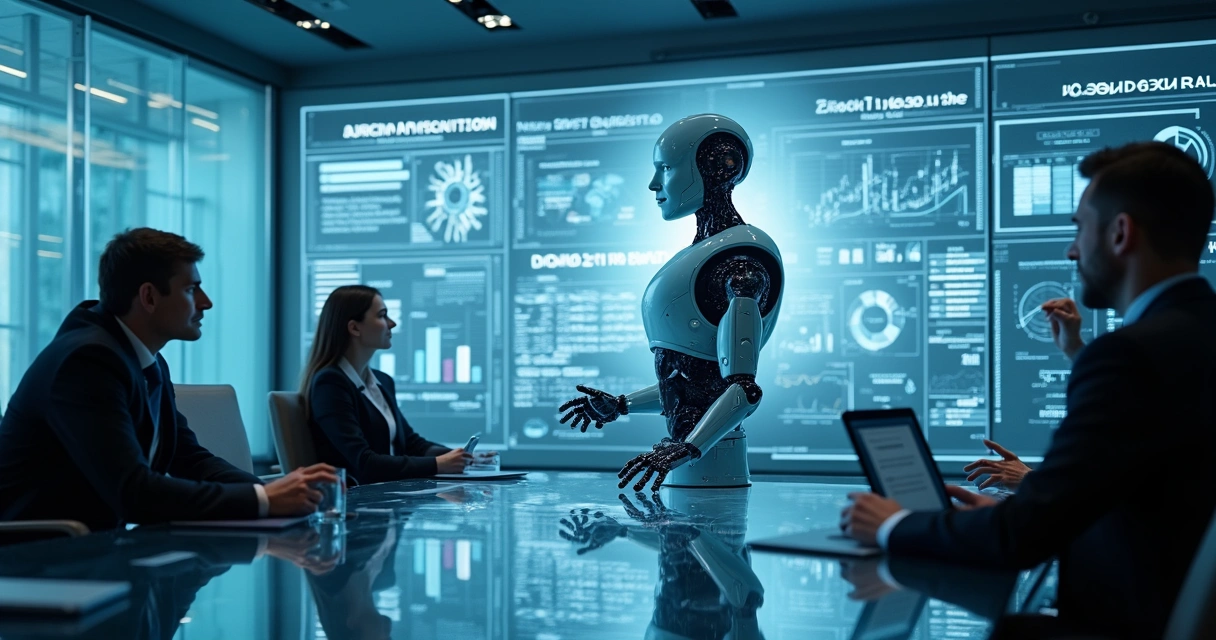 Robô digital analisando gráficos de previsões de negócios