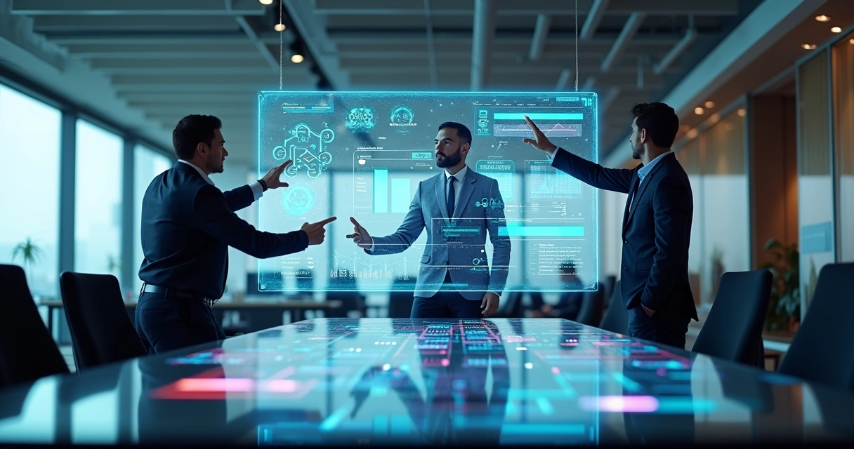 Executivos analisando painel digital com automações e dados de inteligência artificial 