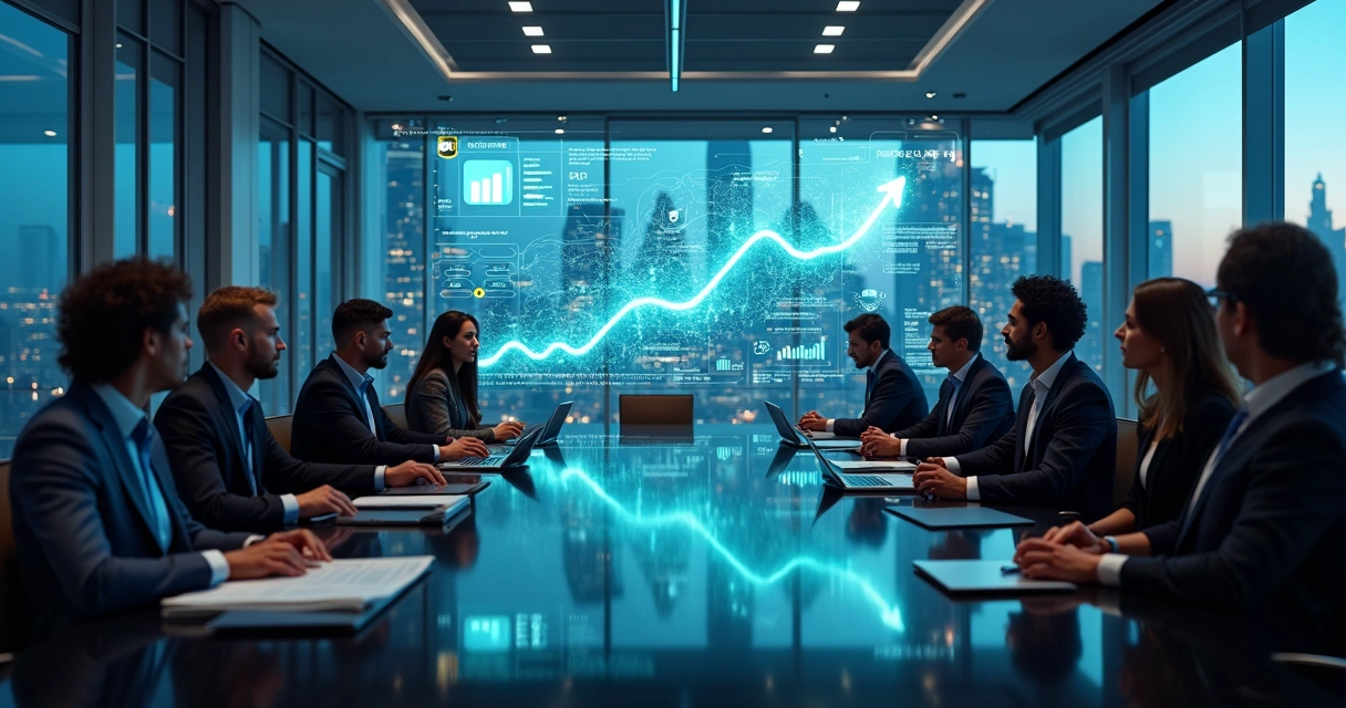 Executivos brasileiros analisando painel digital com dados e ícones de inteligência artificial 