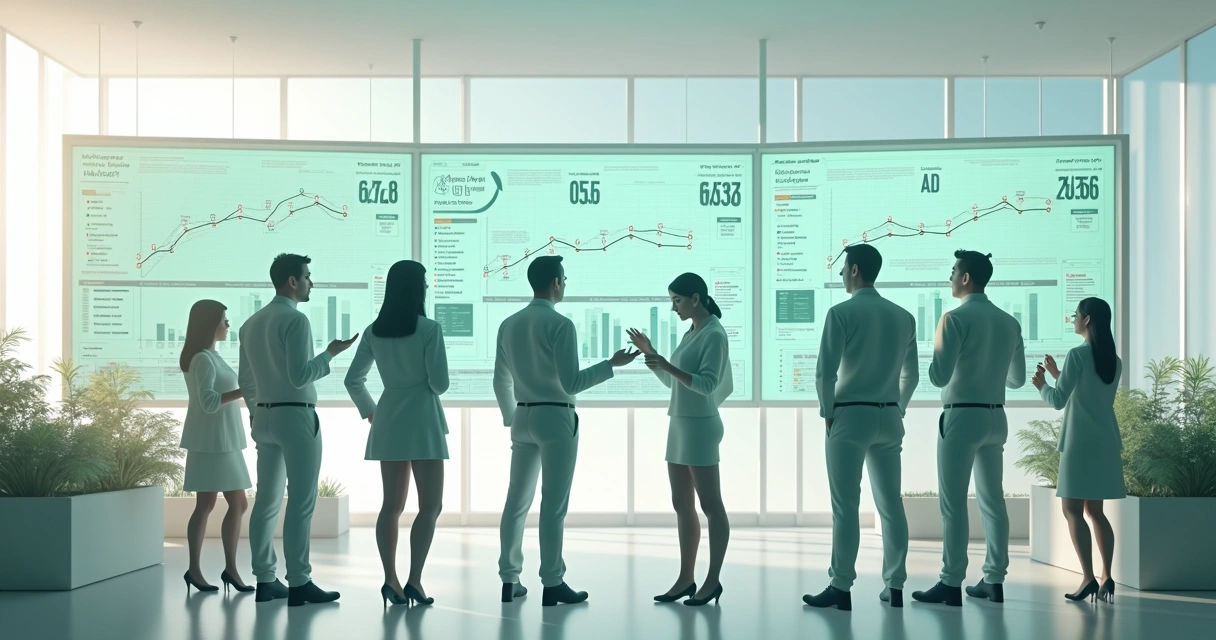 Equipe de empresa brasileira analisando gráficos de IA em telas grandes 