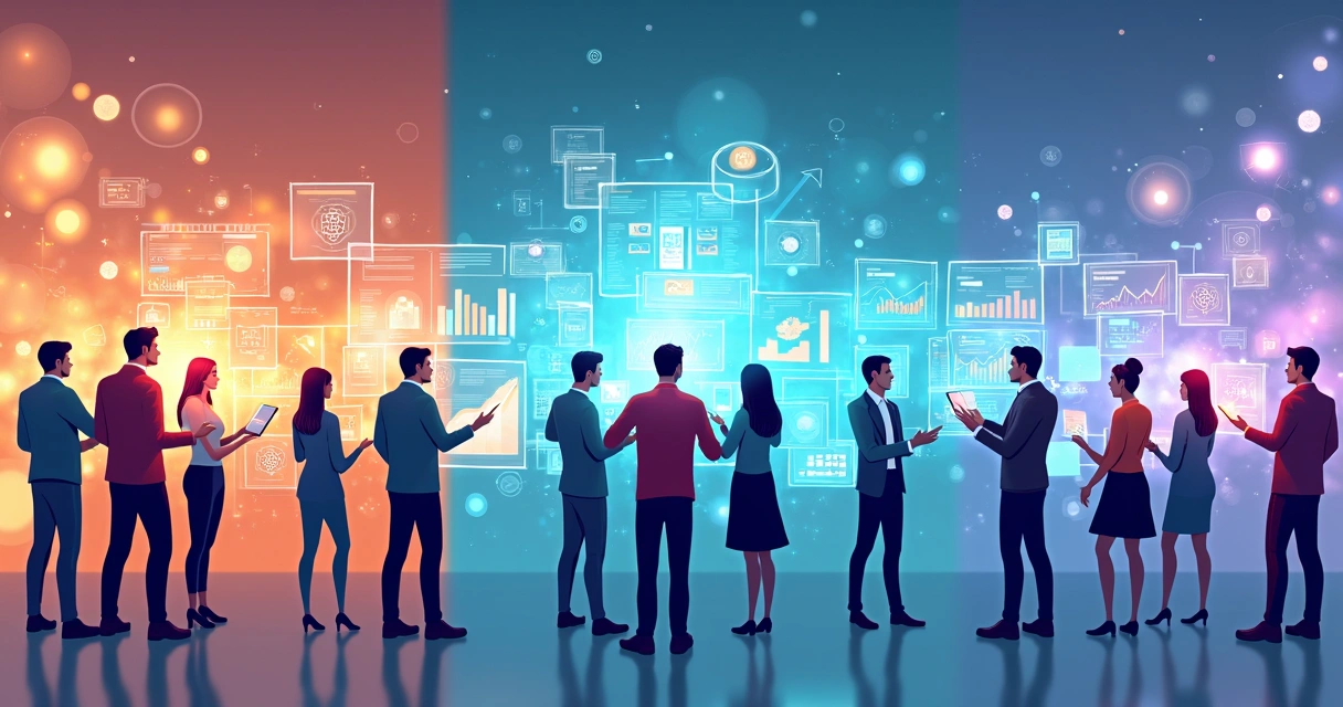 Ilustração de equipes de diferentes setores usando inteligência artificial 