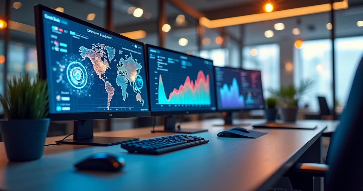 Tela digital mostrando gráficos de engajamento de colaboradores com ícones de IA e comunicação integrada 