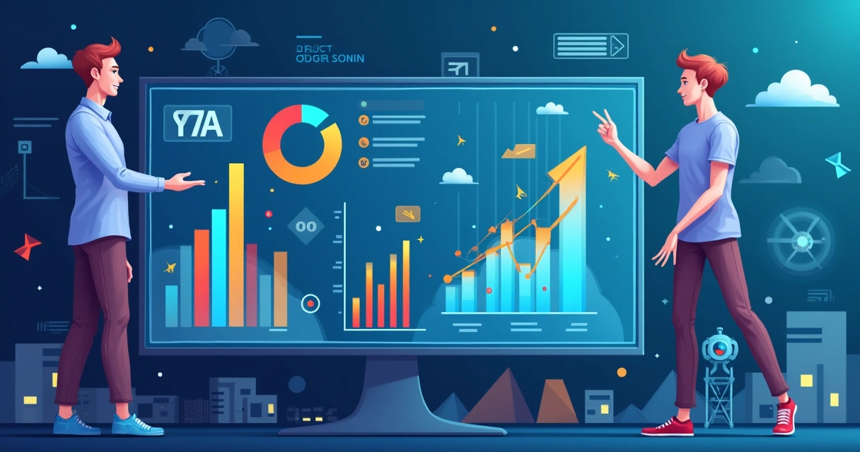 Interface de ERP com gráficos inteligentes, ícones de robô e sugestões automáticas para o usuário. 