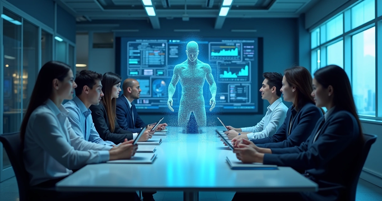 Equipe empresarial interagindo com assistente de inteligência artificial em múltiplos dispositivos 