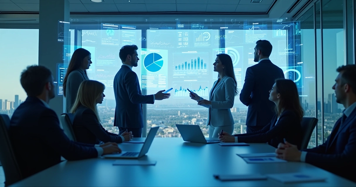 A equipe de T&D analisa gráficos no escritório moderno com hologramas de IA e painéis digitais