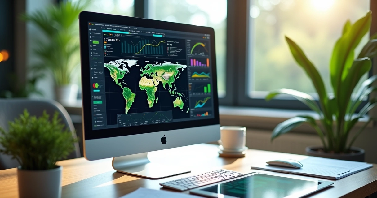 Computador exibindo análise ambiental digital com gráficos e mapas ambientais detalhados 