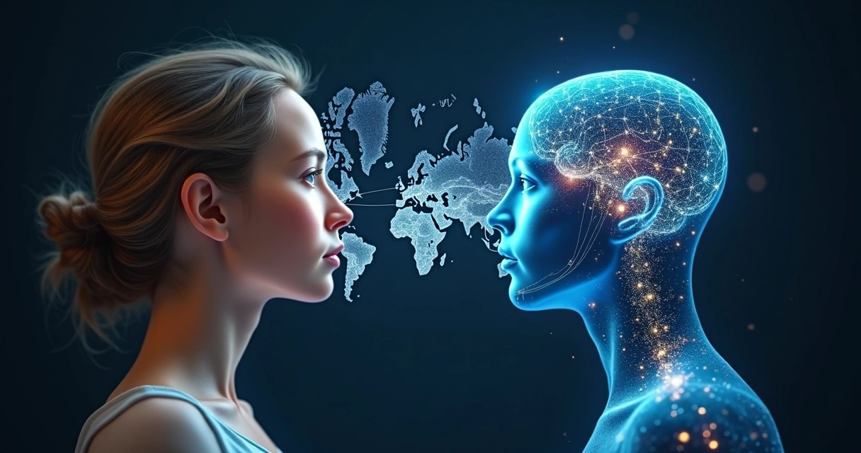 Rosto humano e cérebro digital conectados sobre mapa mundial 