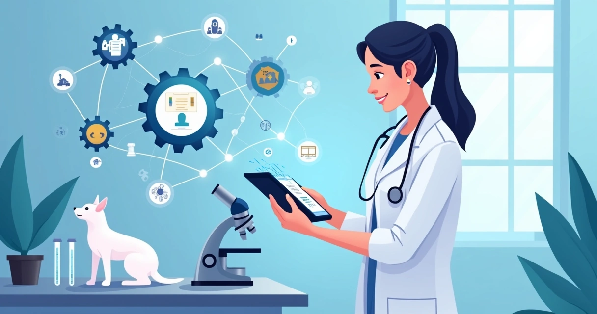 Ilustração corporativa plana mostrando veterinário usando tablet com dados de exames laboratoriais e ícones de inteligência artificial ao redor 