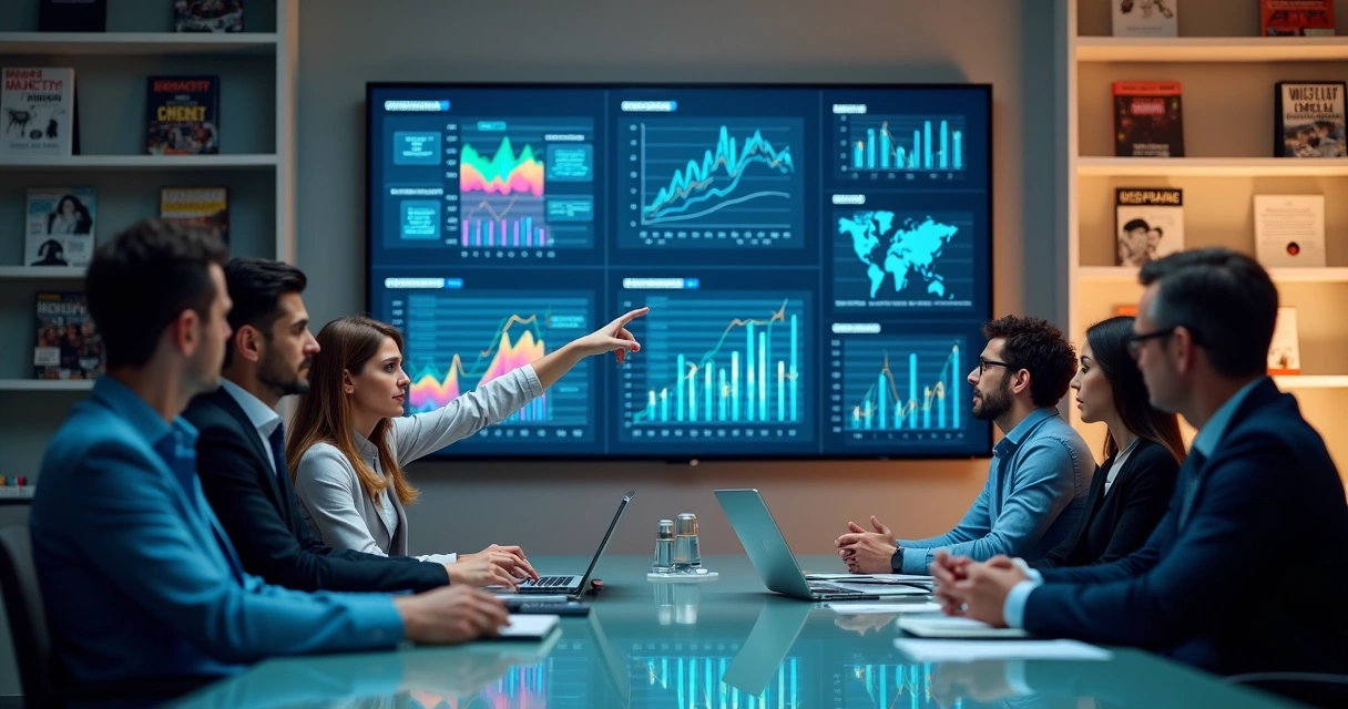 Quatro executivos em sala de reunião analisando gráficos digitais em tela, discutindo preocupações sobre IA 