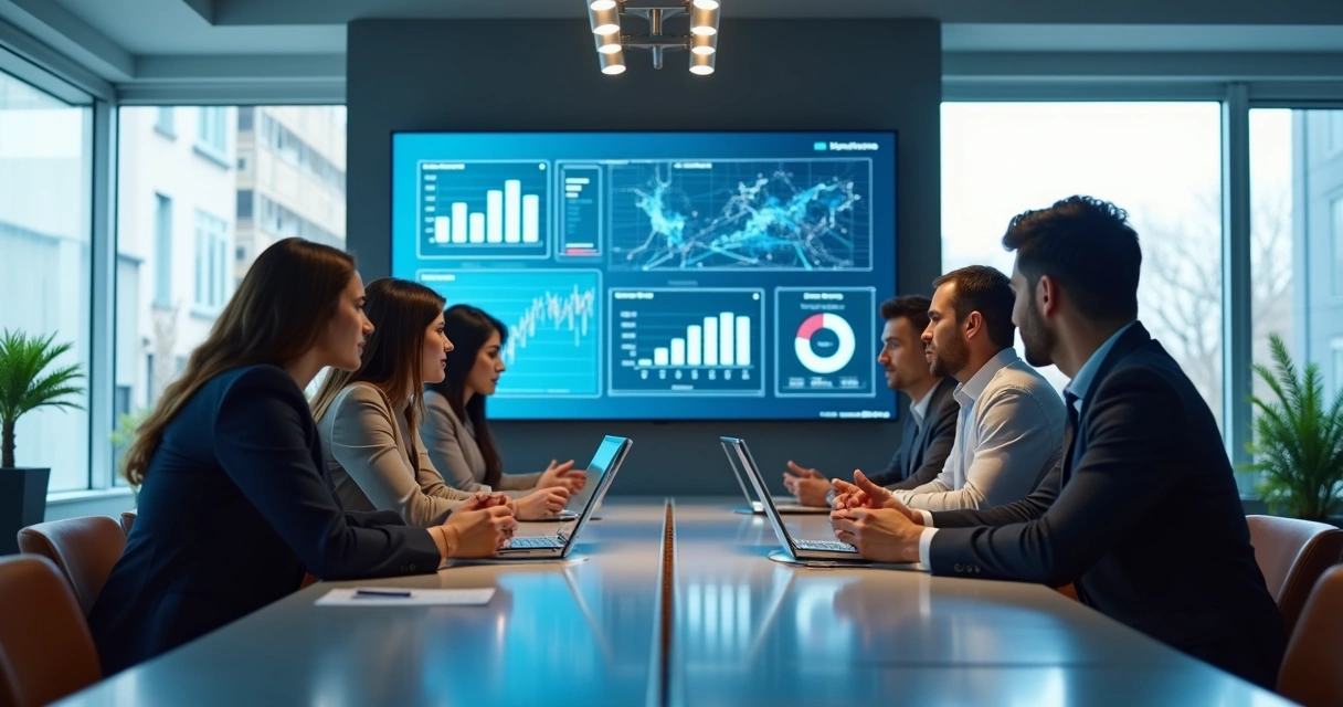 Ambiente corporativo moderno com líderes discutindo dados de feedback em telas digitais interativas 