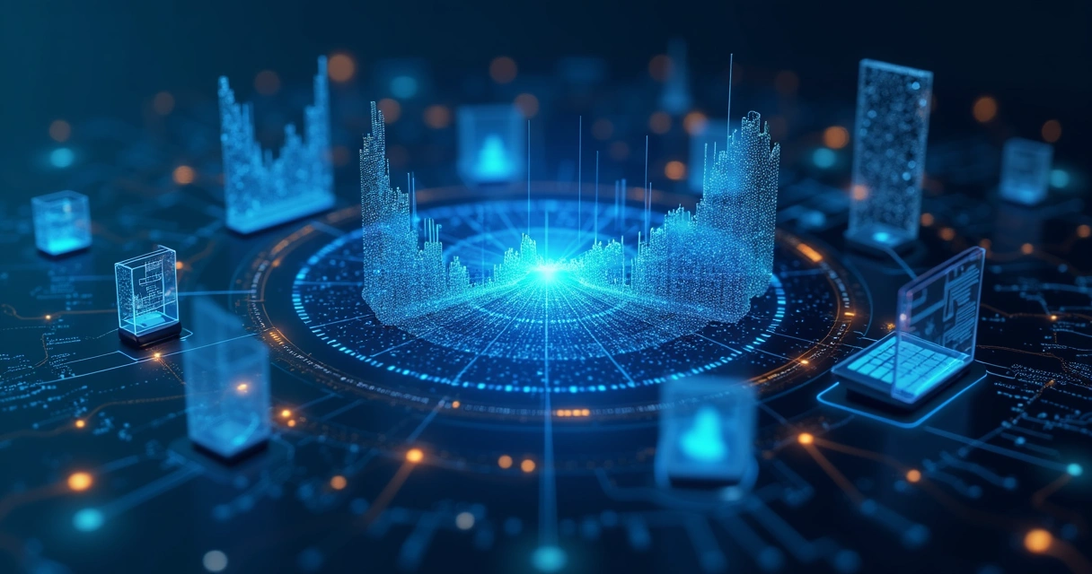 Interface digital mostrando gráficos, ícones de IA, redes neurais e dispositivos tecnológicos integrados em ambiente futurista 