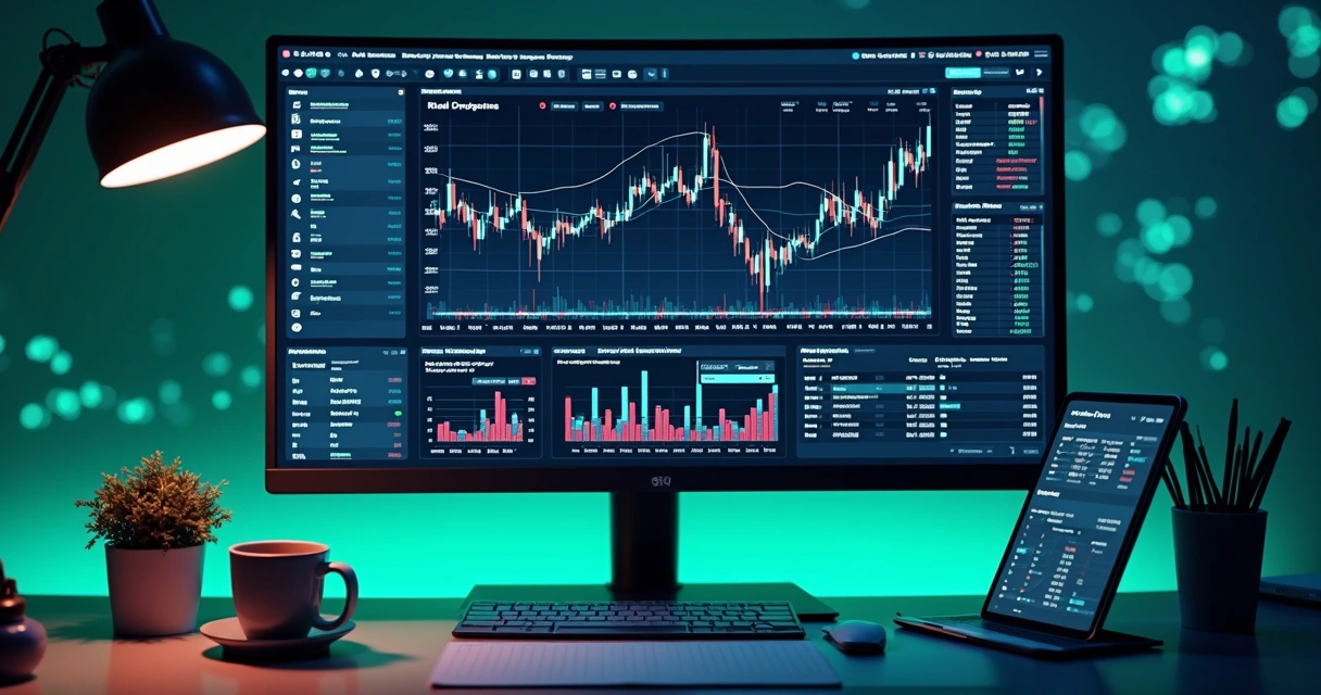 Computador mostrando gráficos financeiros com códigos de inteligência artificial ao fundo 