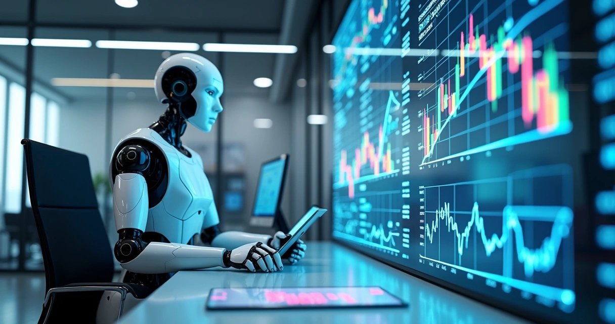 Robô analisando gráficos financeiros digitais em escritório moderno. 